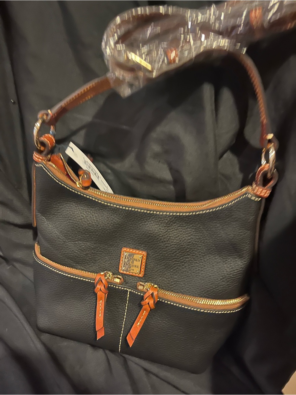 Dooney & Bourke Black Leather Shoulder Bag with Brown Trim